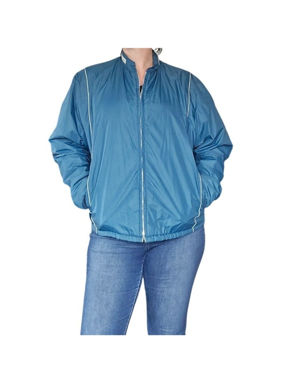 Vintage 1980s teal Reversible Quilted Raincoat Jacket Hidden Hood Unisex Size XL